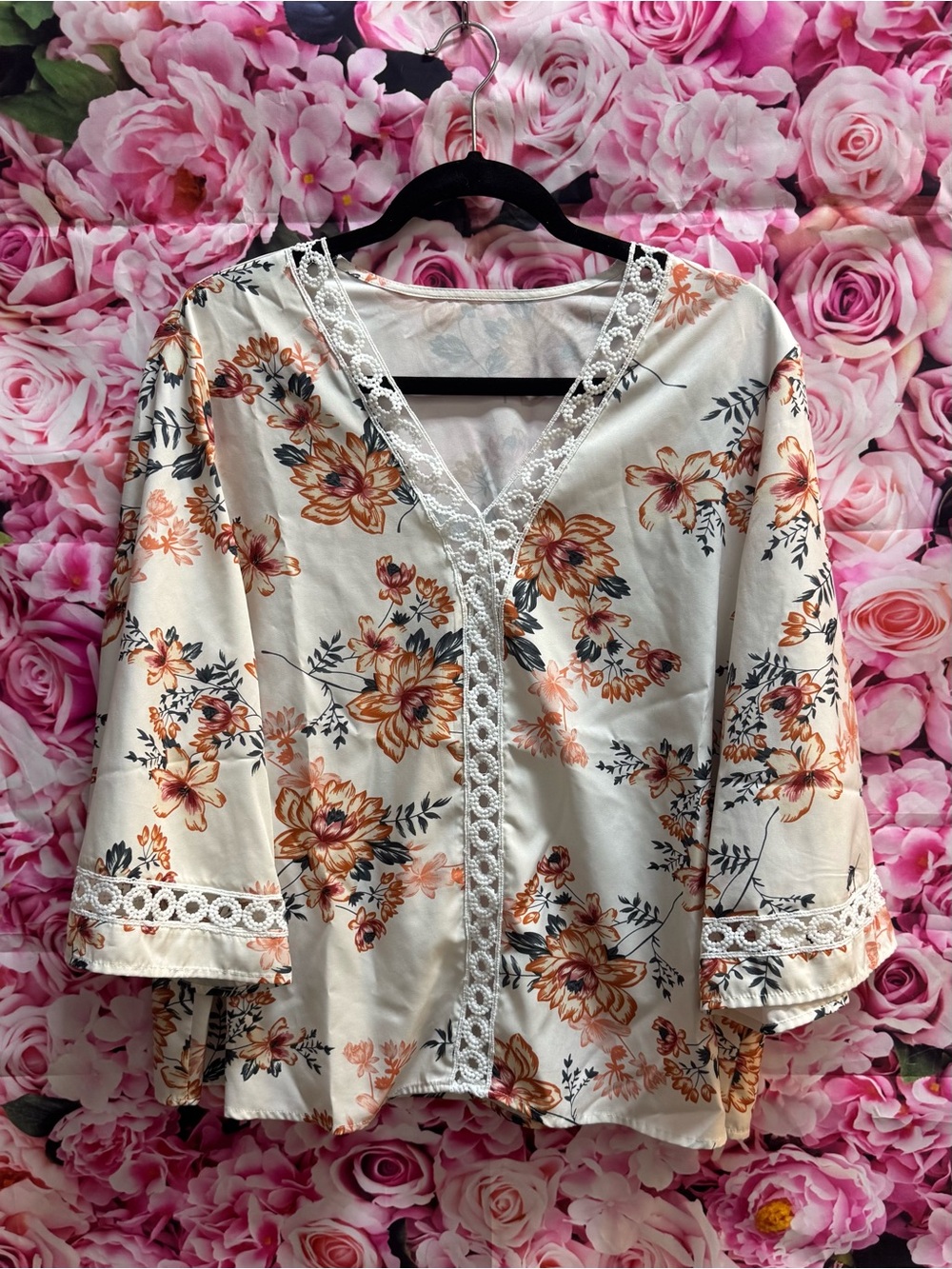 SHEIN Cream Blouse with Rust and Green Floral Print